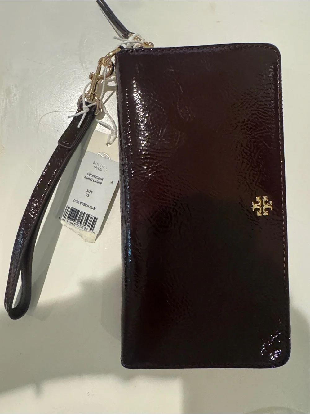 Tory Burch Patent Leather Phone Wristlet - Deep Burgundy with Gold Logo